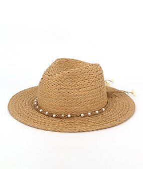 Tigerstars Taupe Pearl Beaded Band Woven Summer Straw Hat